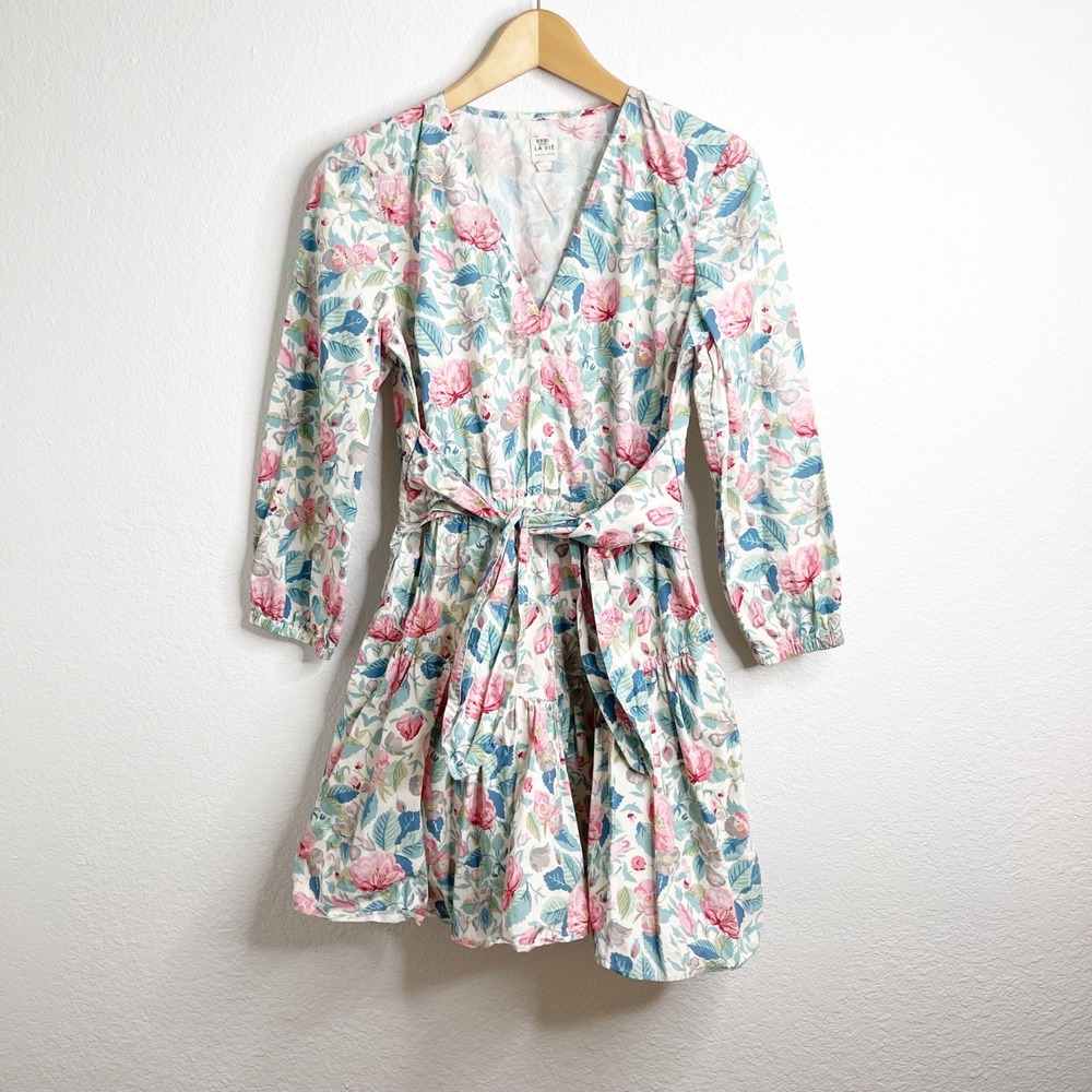 La Vie Rebecca Taylor‎ Floral Cotton Tiered Mini Dress Pink Blue V-Neck Small